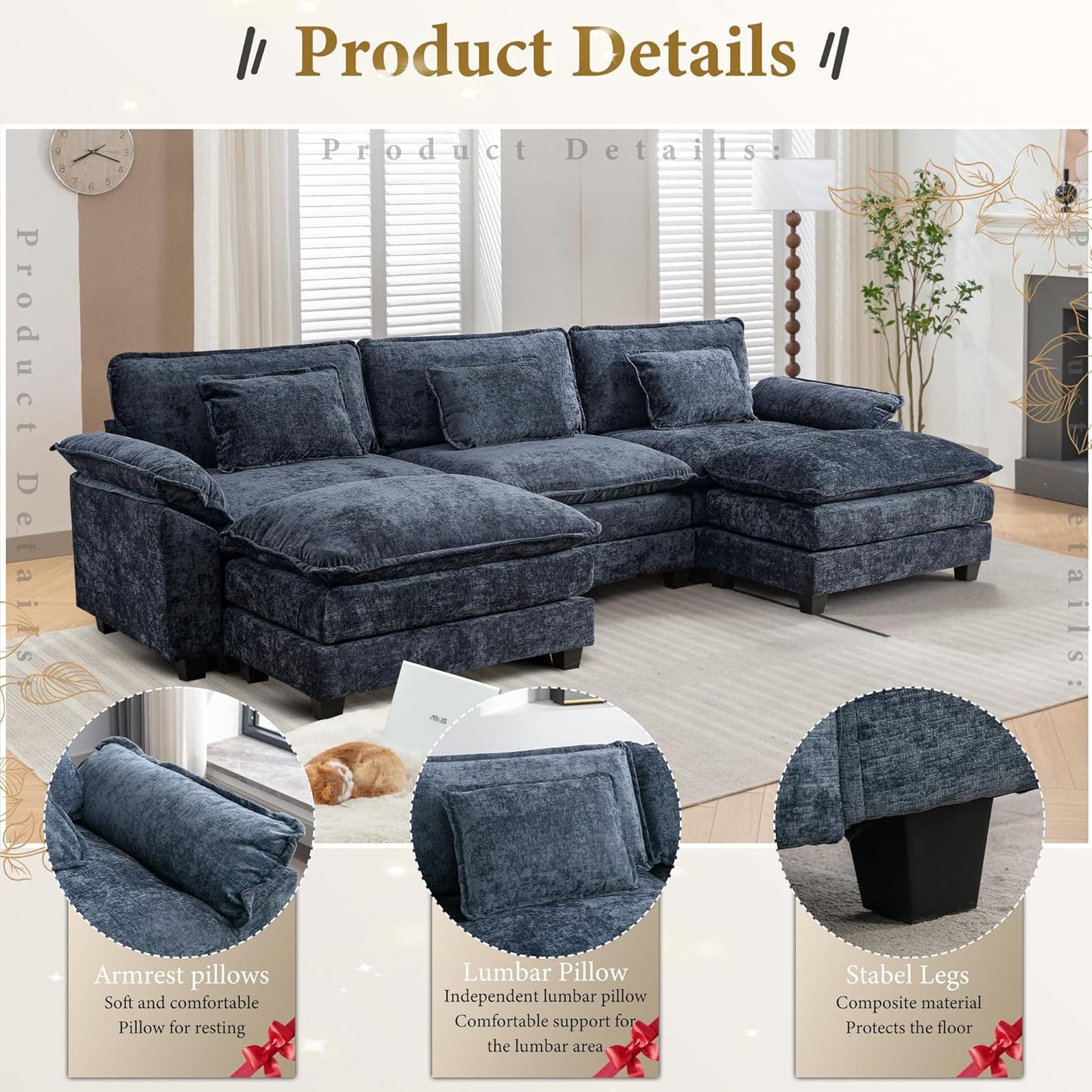 URRED Modular Sectional Sofa Comfy Cloud Couch, Modern Chenille Sofa Sleeper Deep Seat Couches with