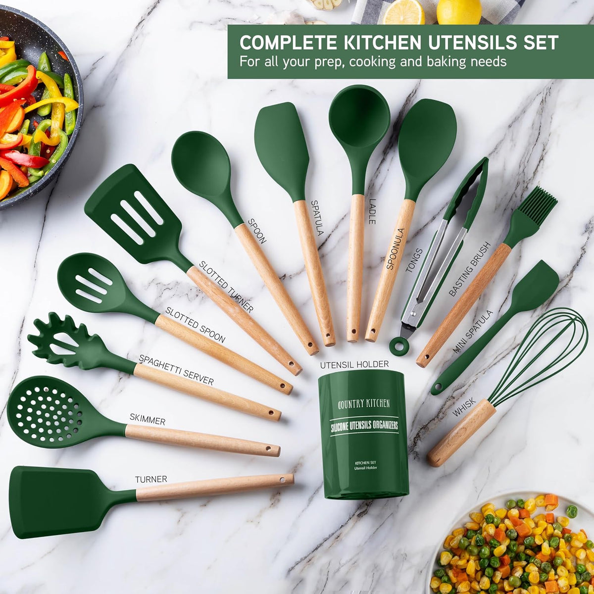 Country Kitchen Non Stick Silicone Utensil Set with Rounded Wood Handles for Cooking and Baking, 14