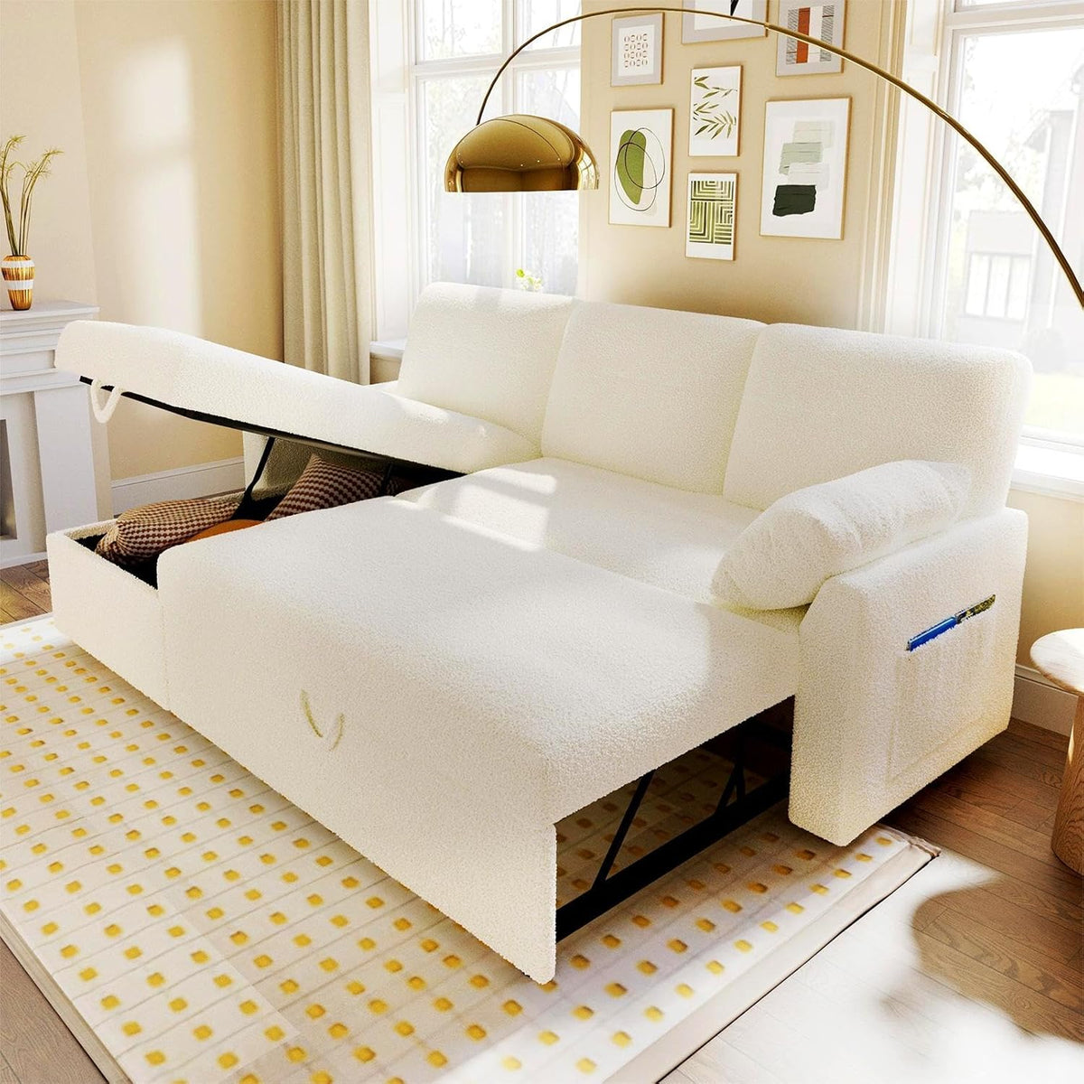 VanAcc Sofa Bed, Sleeper Sofa- 2 in 1 Pull Out Couch Bed with Storage Chaise for Living Room, White