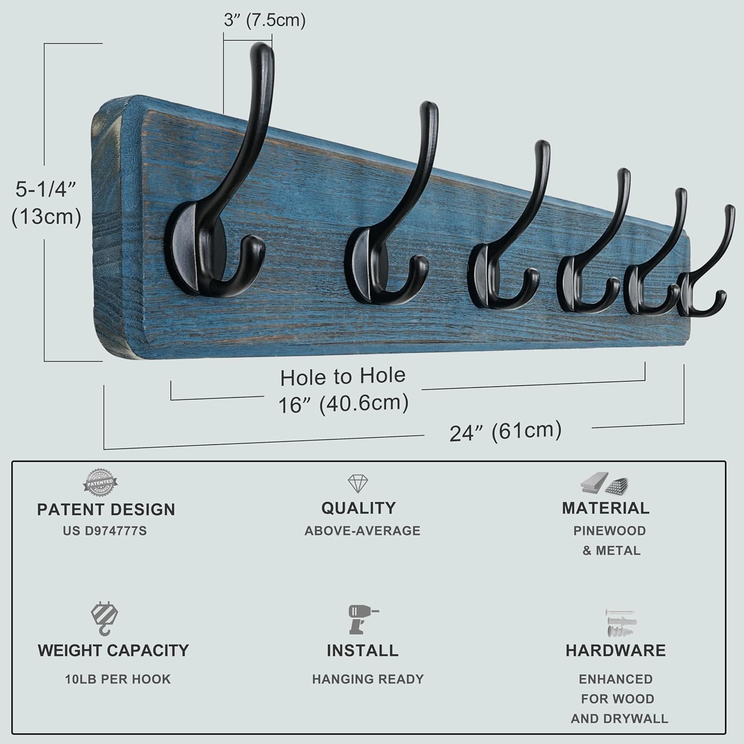 Dseap Coat Rack Wall: 24" Long, Patented, Heavy-Duty, 6-Double-Hooks Wooden Wall Mounted Coat Rack