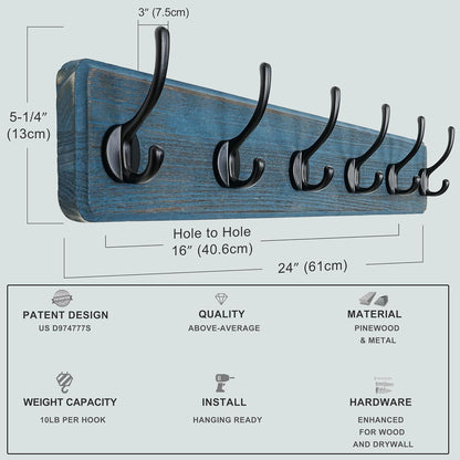 Dseap Coat Rack Wall: 24" Long, Patented, Heavy-Duty, 6-Double-Hooks Wooden Wall Mounted Coat Rack