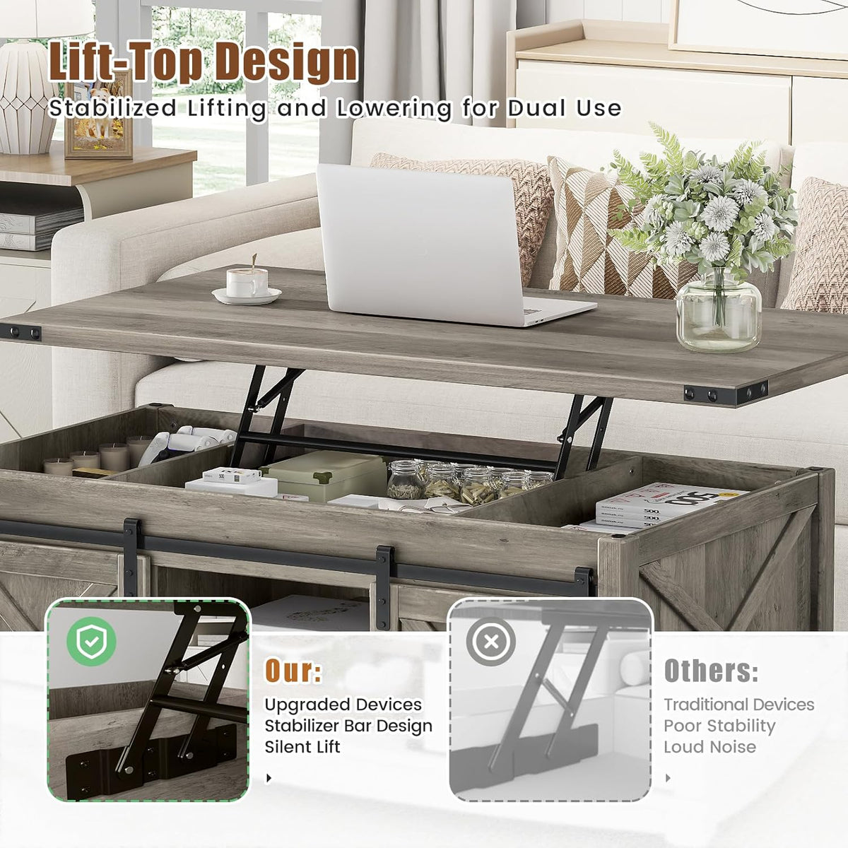 48" Farmhouse Lift Top Coffee Table with Storage Sliding Barn Door & Large Hidden Compartment