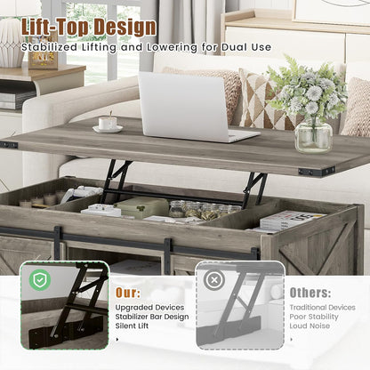 48" Farmhouse Lift Top Coffee Table with Storage Sliding Barn Door & Large Hidden Compartment