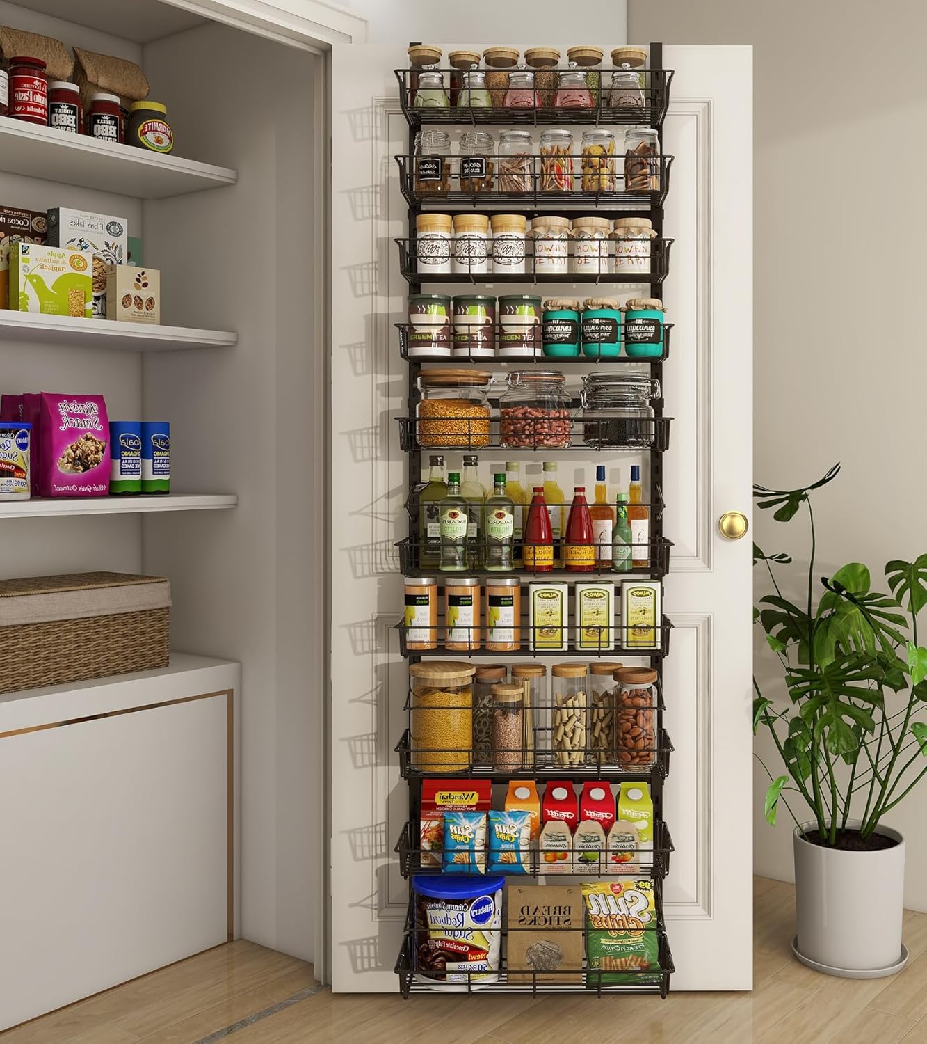 10-Tier Over The Door Pantry Organizer, Pantry Organization and Storage, Black Metal Hanging