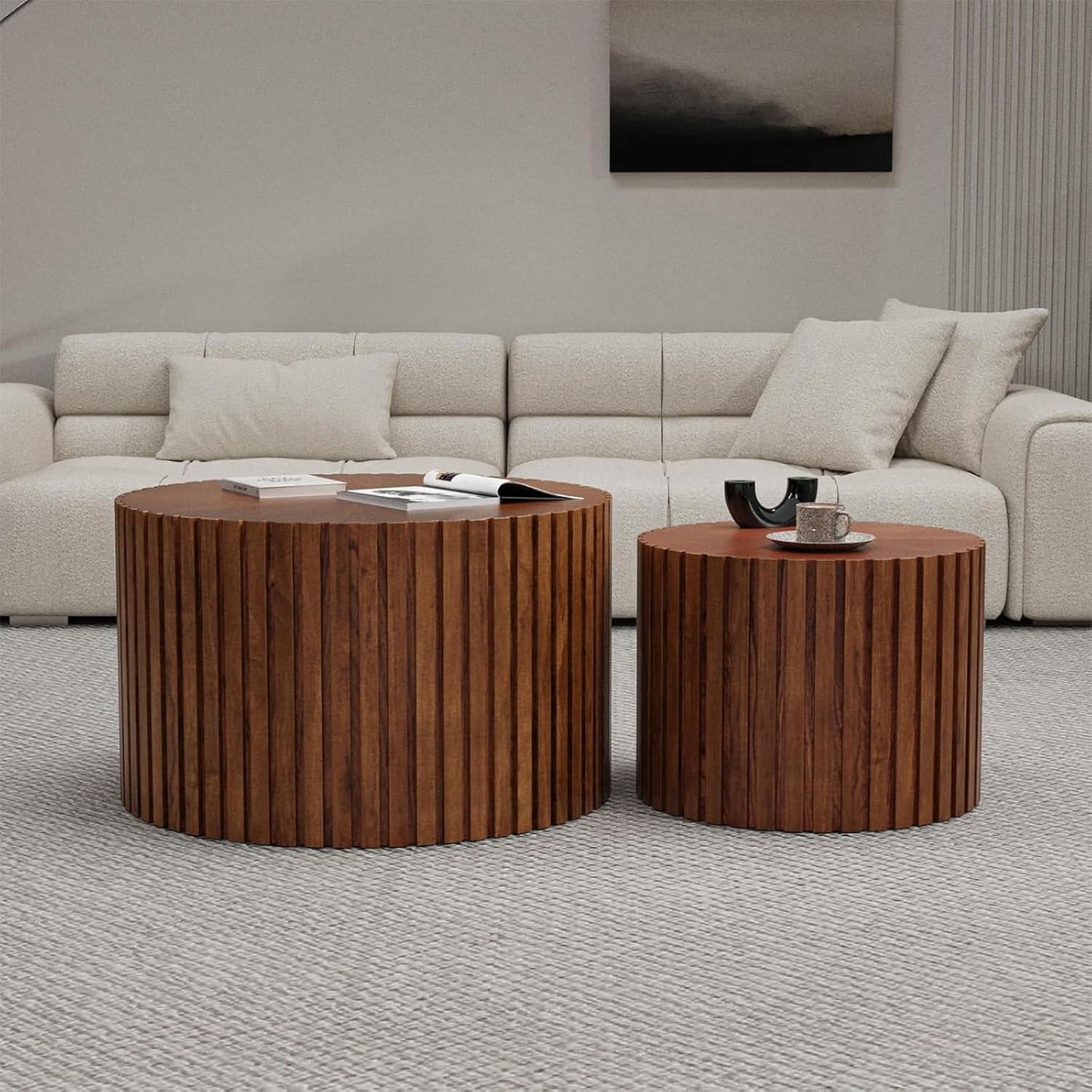 Round Nesting Coffee Table Set of 2 Modern Round Walnut Coffee Table Small Circular End Table Side