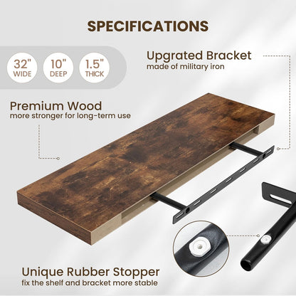 Fun Memories Floating Shelves for Wall, 32 Inch Long Floating Shelves Set of 2, 32 x 10 Wooden