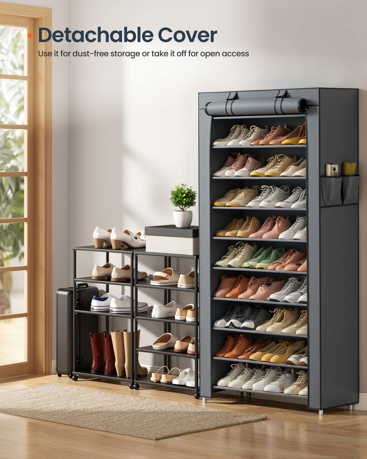 SONGMICS HOME Shoe Rack 10-Tier, Tall Narrow Metal Shoe Organizer with Dust Cover, 11.2 x 33.3 x