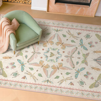 Neutral Girl Nursery Rug 4x6 - Beige & Pink Rugs for Bedroom, Living Room - Washable Low Pile