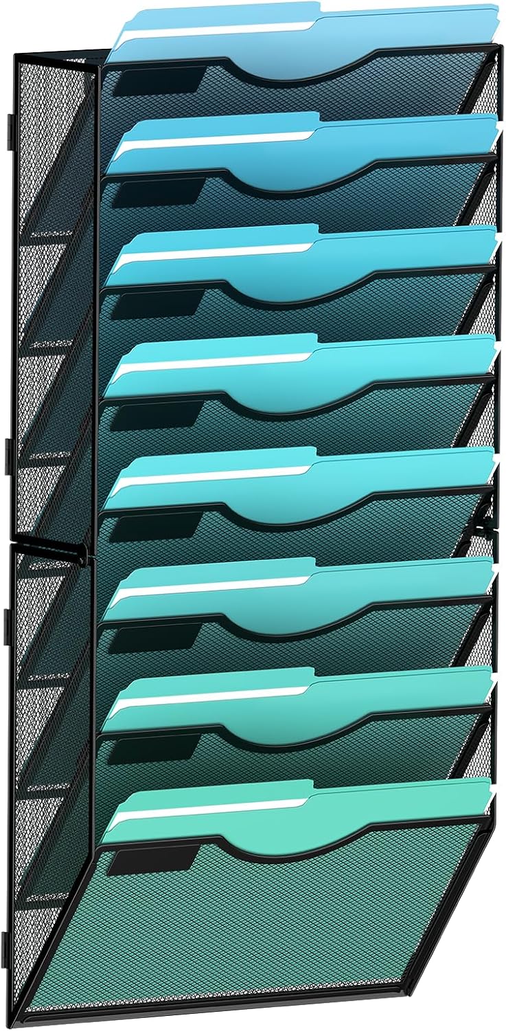 8-Tier Wall File Organizer Hanging Wall File Holder Wall Mount Paper Folder Organize, Mesh Magazine