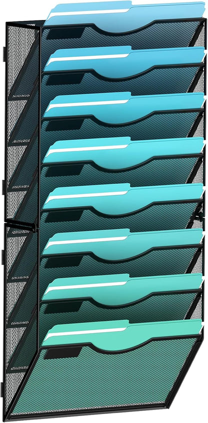 8-Tier Wall File Organizer Hanging Wall File Holder Wall Mount Paper Folder Organize, Mesh Magazine