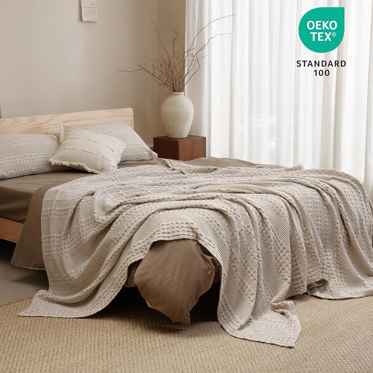 PHF 100% Cotton Waffle Weave Blanket Queen Size, Soft Lightweight Breathable Cozy Summer Blankets