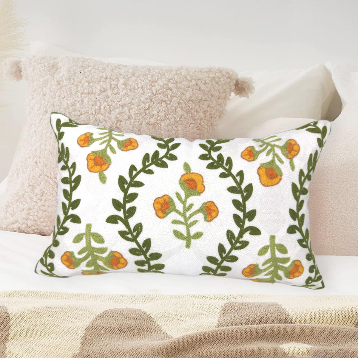 Alysheer Flower Embroidered Summer Decorative Lumbar Throw Pillow Cover 12"x 20", Farmhouse Cottage