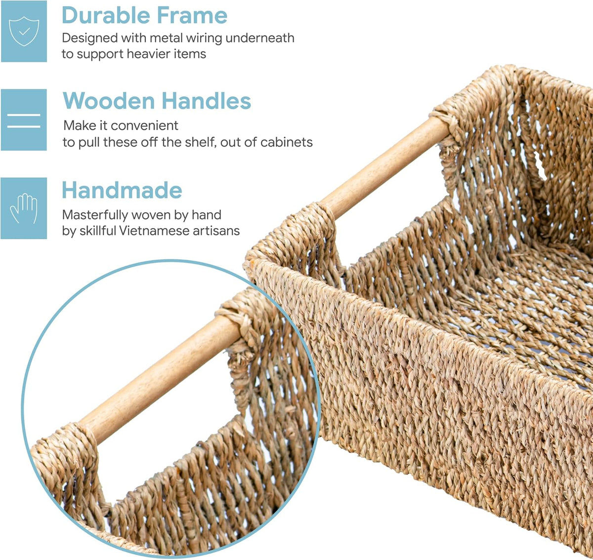Natural Seagrass Storage Basket with Handle, Rectangular Woven Organizer Bin for Living Room or