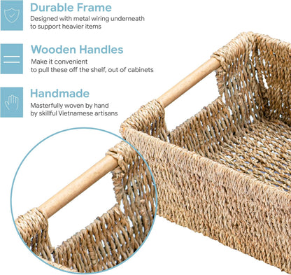 Natural Seagrass Storage Basket with Handle, Rectangular Woven Organizer Bin for Living Room or