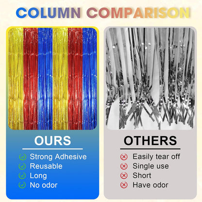 3 Pack 3.3 x 8.2 ft Blue Red Gold Foil Fringe Backdrop Curtains, Tinsel Streamers Party