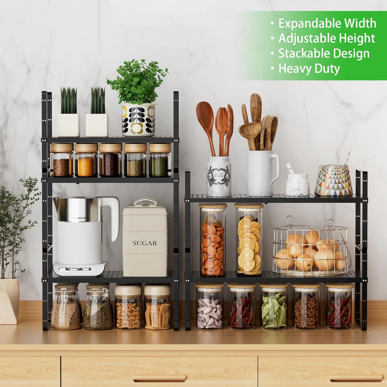 Expandable Cabinet Storage Shelf Stackable Organizer Rack for Kitchen Bathroom Pantry Spice