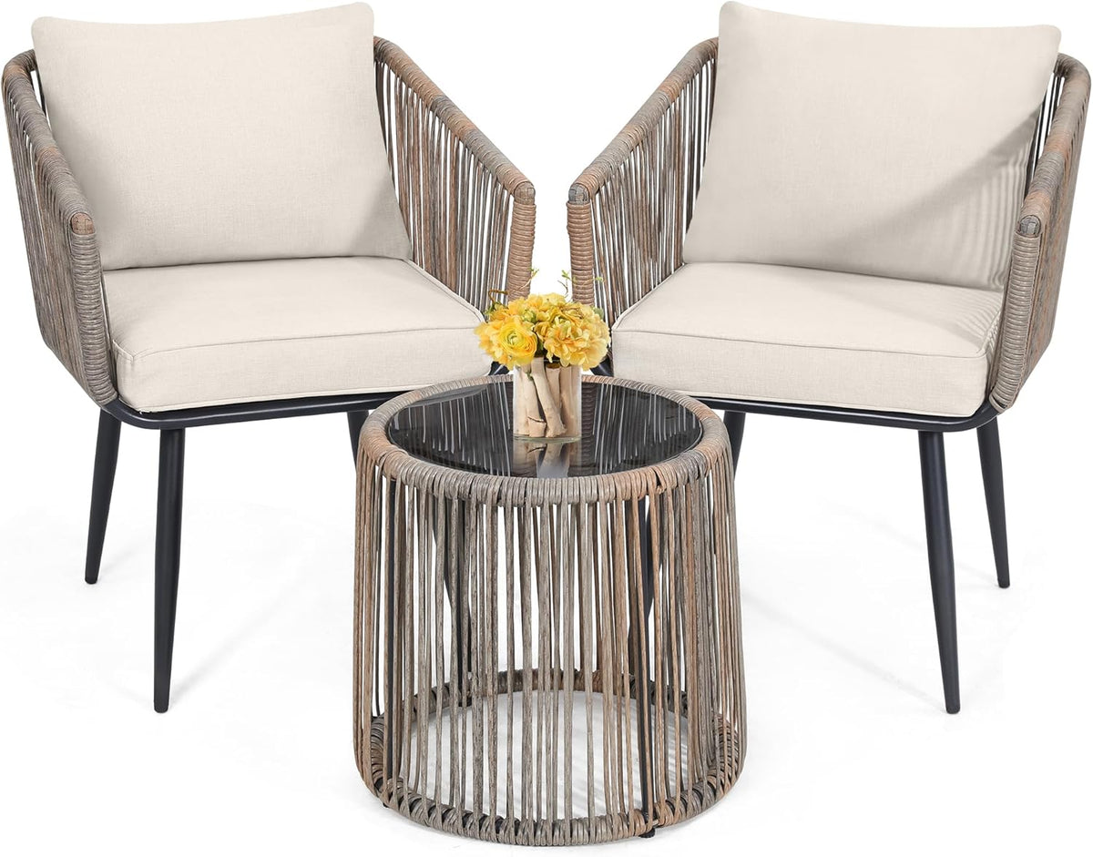 Kromax 3 Pieces Patio Rattan Bistro Conversation Set, Outdoor All-Weather Wicker Furniture Chairs