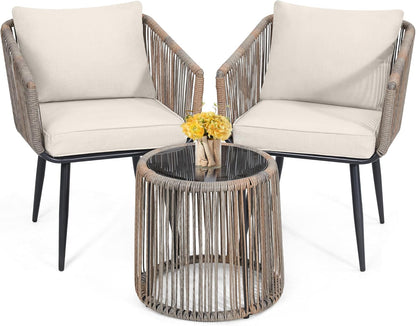 Kromax 3 Pieces Patio Rattan Bistro Conversation Set, Outdoor All-Weather Wicker Furniture Chairs
