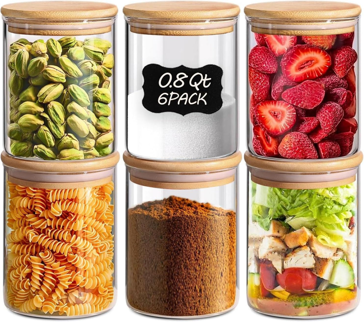 ComSaf 0.8 Qt Glass Food Storage Jars Set of 6, Clear Glass Storage Containers with Lids, Pantry