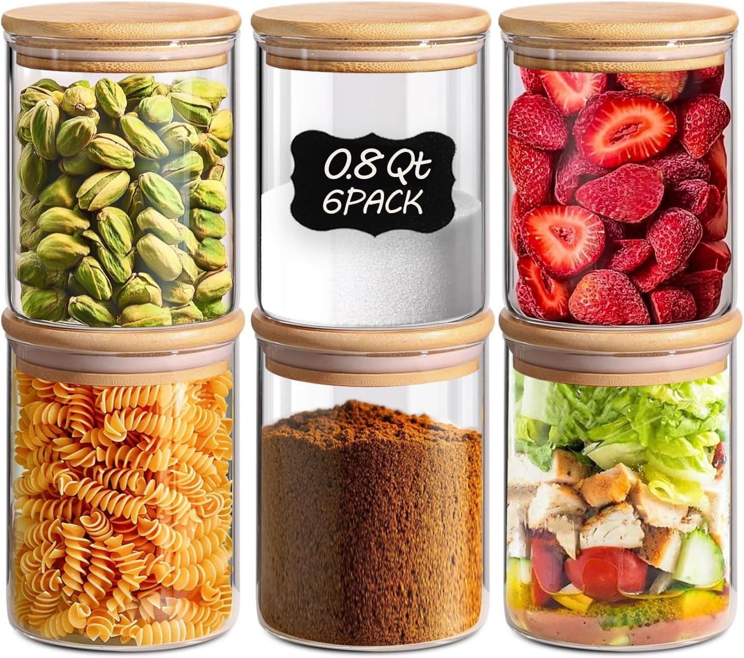 ComSaf 0.8 Qt Glass Food Storage Jars Set of 6, Clear Glass Storage Containers with Lids, Pantry