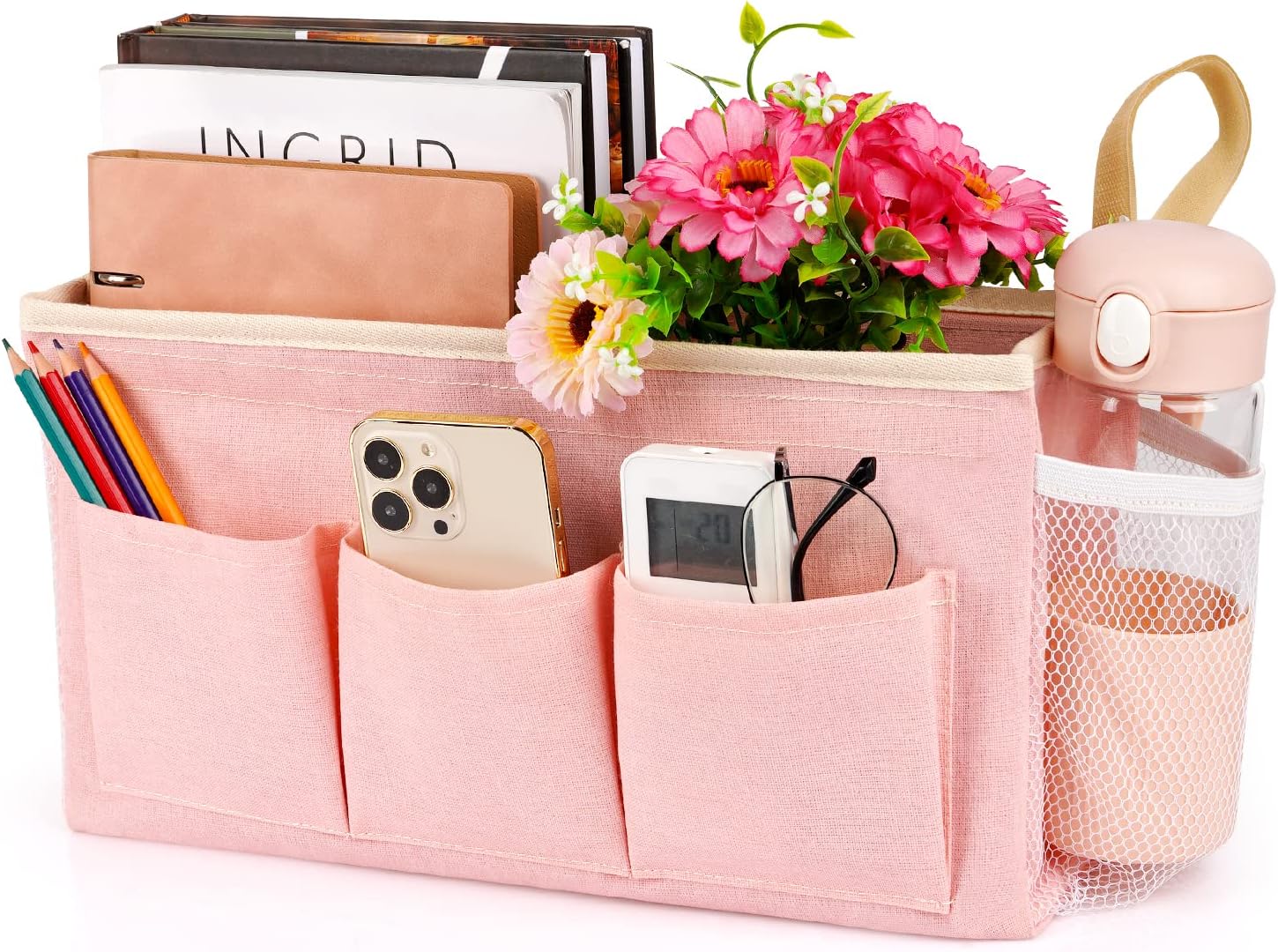 Bedside Organizer with Fixed Straps and Water Bottle Holder for Home, College, Dorm, Bunk