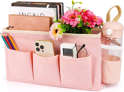 Bedside Organizer with Fixed Straps and Water Bottle Holder for Home, College, Dorm, Bunk