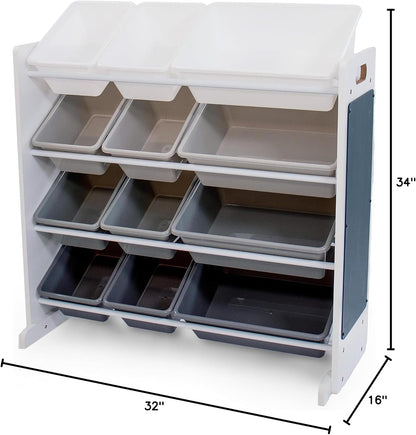 12-Bin Toy Organizer – White/Grey Gradient Ombre Frame with Chalkboard, Eraser & Chalk, Multi-Tier