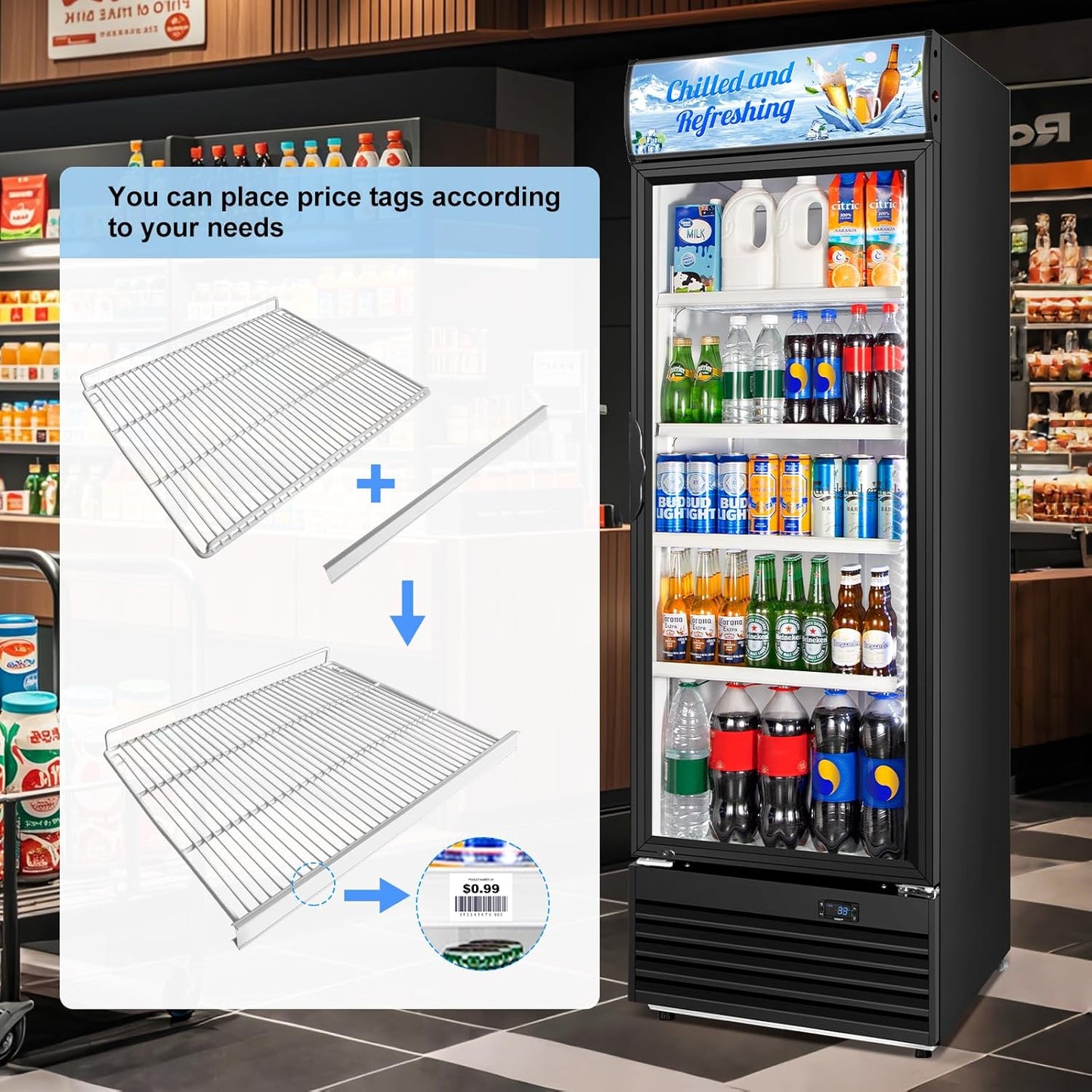 Commercial Beverage Refrigerator, 24 Inch Beverage Fridge, 15 Cu. Ft. Drink Fridge, Display