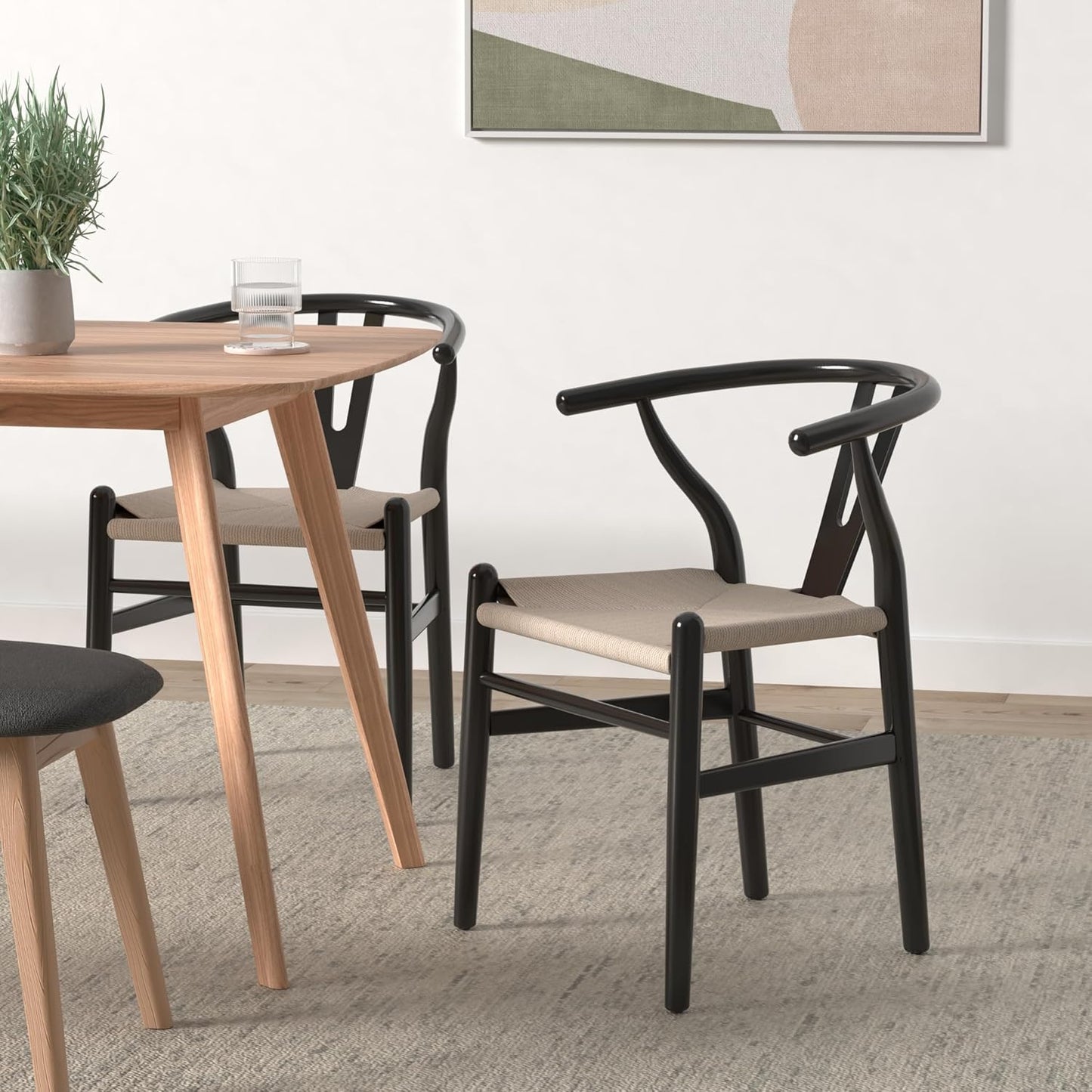 POLY & BARK Weave Dining Chairs – Mid-Century Modern Wishbone Dining Chairs with Arms, Solid Wood
