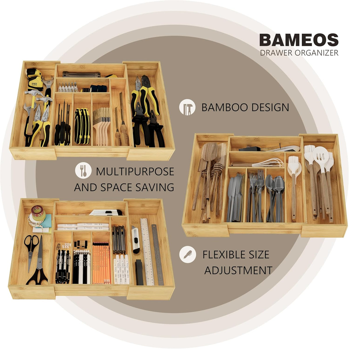 BAMEOS 3.9inch Tall Bamboo Drawer Organizer, Expandable Utensil Holder with 8 Compartments