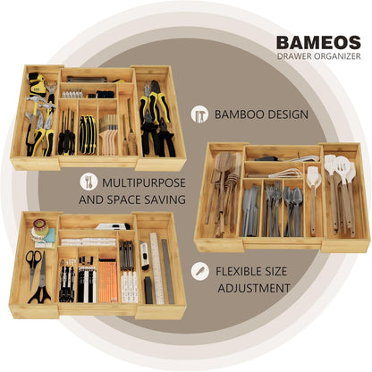 BAMEOS 3.9inch Tall Bamboo Drawer Organizer, Expandable Utensil Holder with 8 Compartments