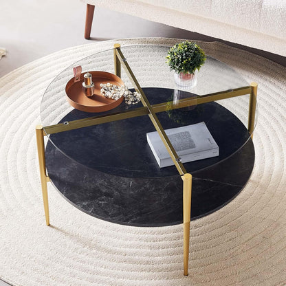 Round Coffee Table for Living Room, Mid-Century Modern Design, D30 x H17, 2-Tier Structure, Grey
