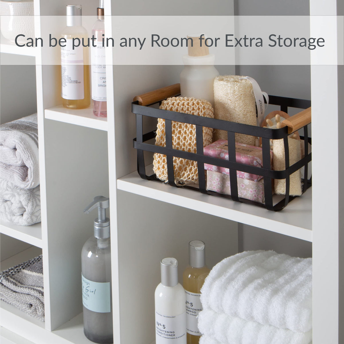 Simplify Rectangular Metal Storage Basket with Bamboo Handles | Large | Farmhouse Style Wire Basket