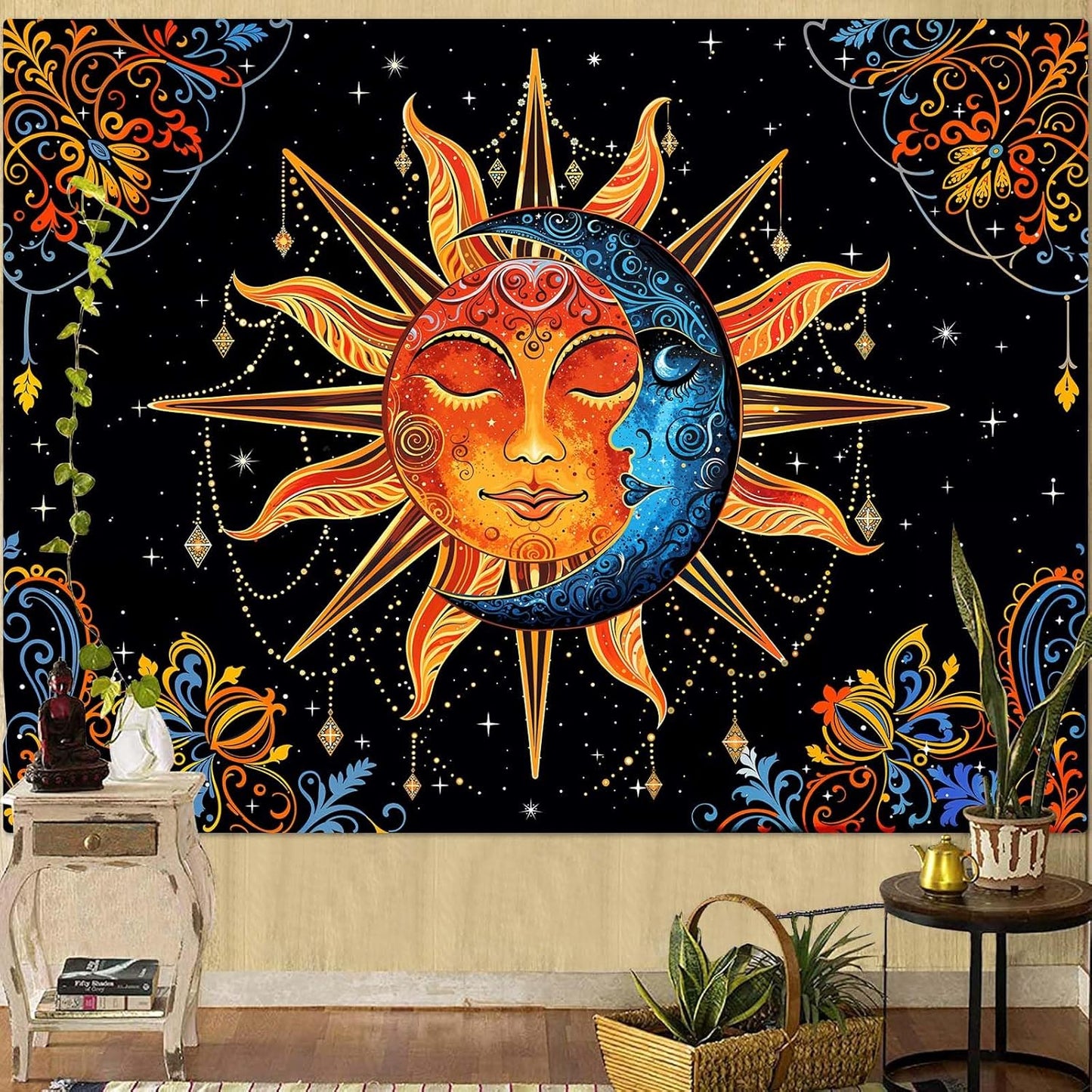 Lunerfex Sun and Moon Tapestry Mandala Wall Tapestry, Cute Tapestries for Bedroom Ceiling