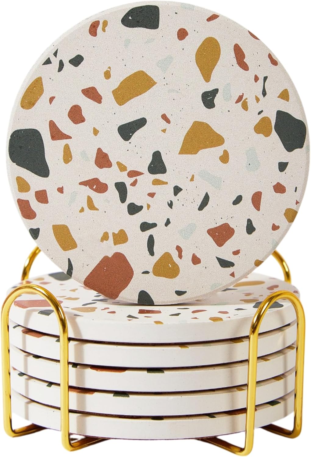 Terrazzo Drink Absorbent Coasters with Holder Set of 6, Ceramic Coaster for Drinks, Coffee Table