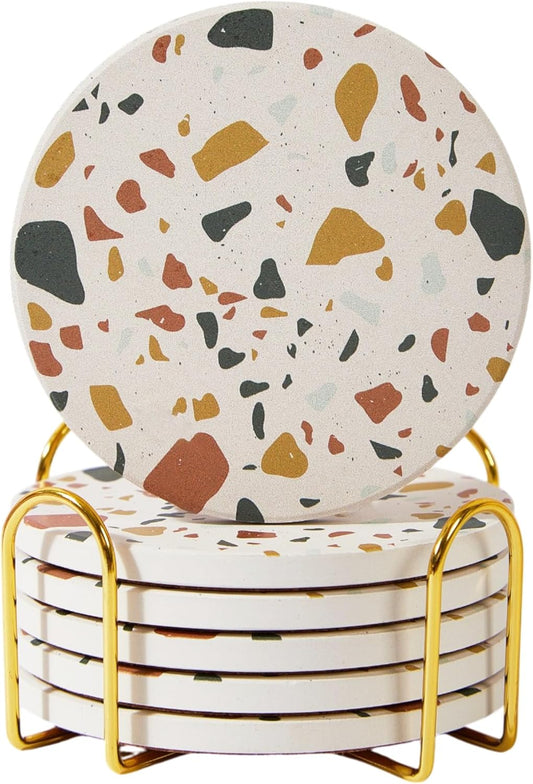 Terrazzo Drink Absorbent Coasters with Holder Set of 6, Ceramic Coaster for Drinks, Coffee Table