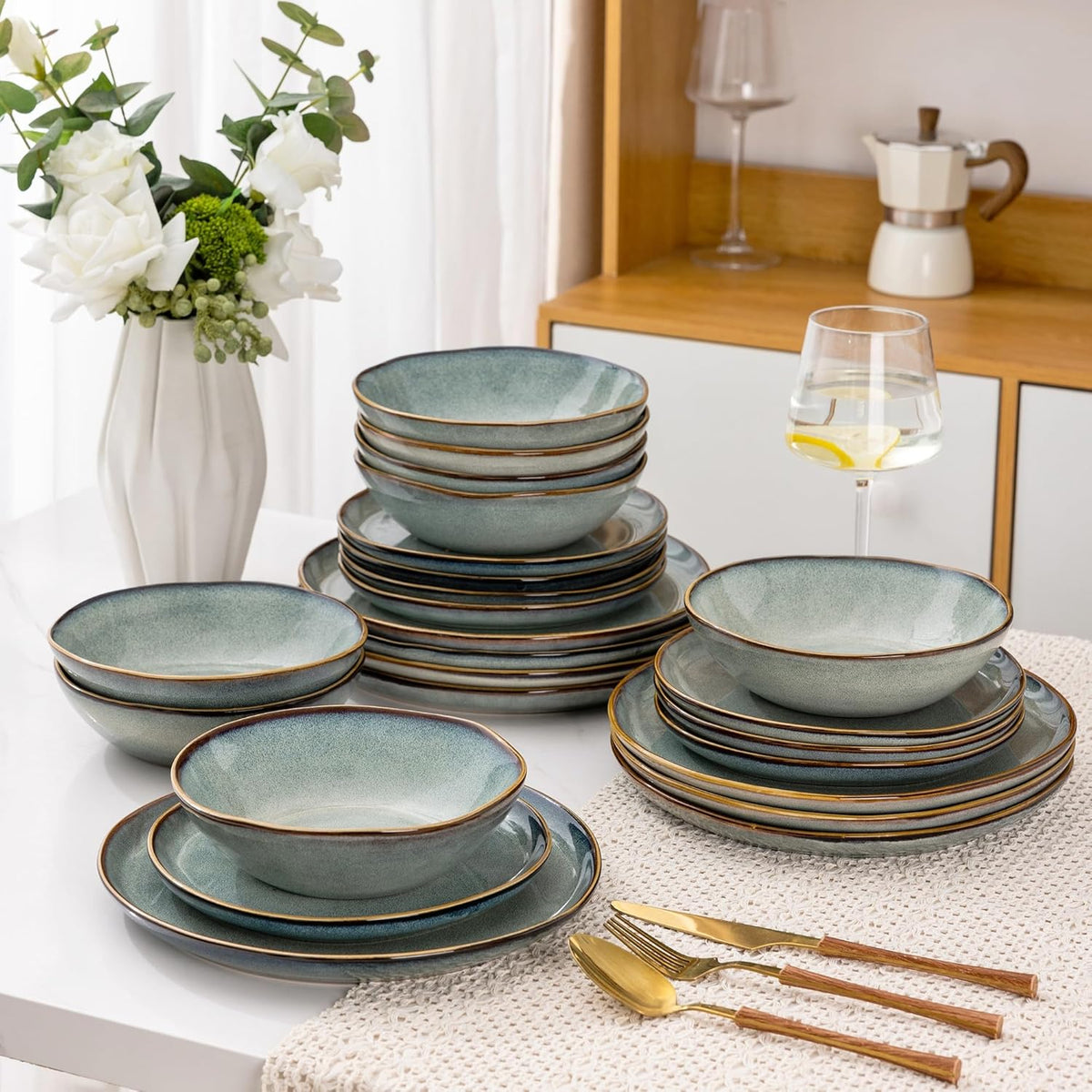 AmorArc Ceramic Dinnerware Sets,Handmade Reactive Glaze Stoneware Plates and Bowls Sets,Highly