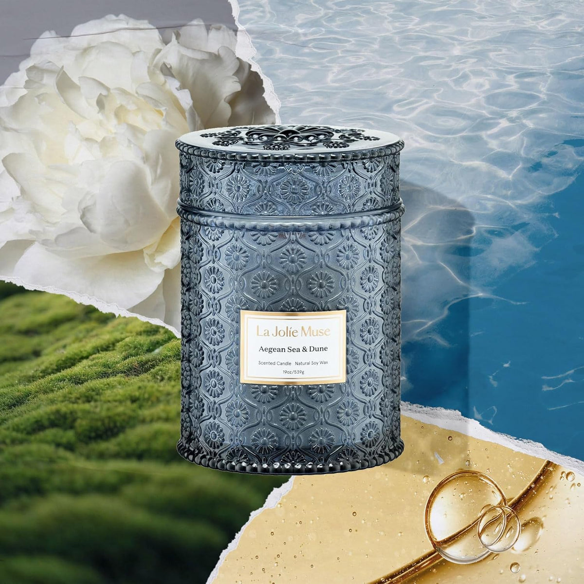 LA JOLIE MUSE Aegean Sea & Dune Candle –Cool Water, White Florals & Warm Amber | 19 oz Large Wooden