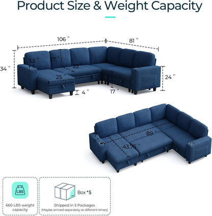 LINSY HOME Sectional Sleeper Sofa with Pull Out Couch Bed - Convertible Plush Corduroy Cloud Couch