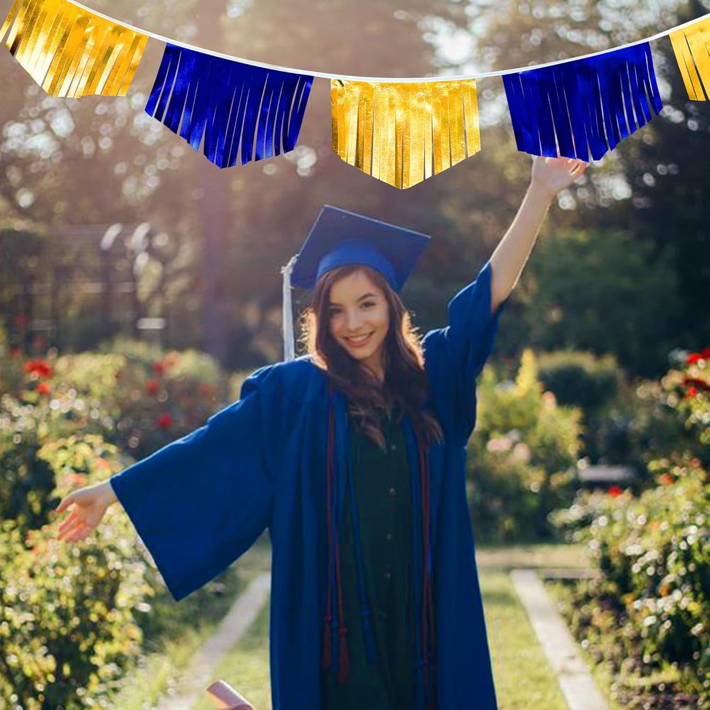 Royal Blue Gold Tassel Banner Metallic Fabric Pennant Bunting Flag for Graduation Retirement