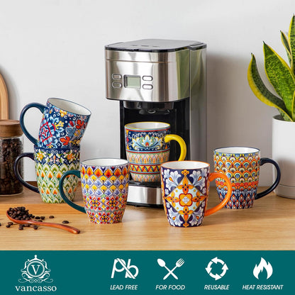 vancasso 16 oz Coffee Mugs Set of 6, Large Ceramic Mug with Handle, Boho Coffee Cups for Latte