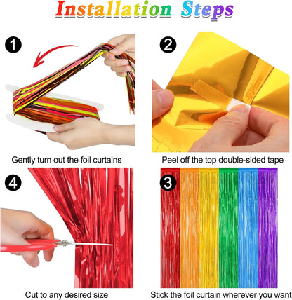 12 Pack Rainbow Backdrop, 3.28 FT x 7.05 FT Pride Decorations, Metallic Fringe Curtains Party