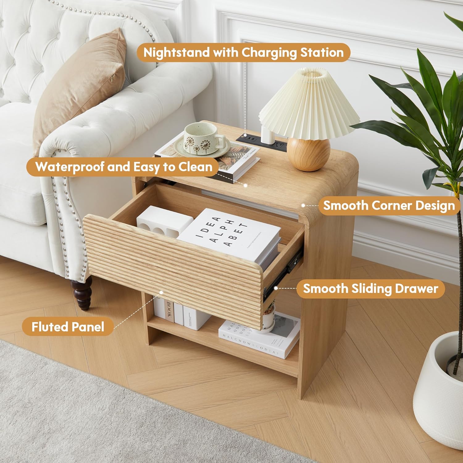 Fluted Nightstand with Charging Station, Mid Century Modern Bed Side Table End Table with Drawer