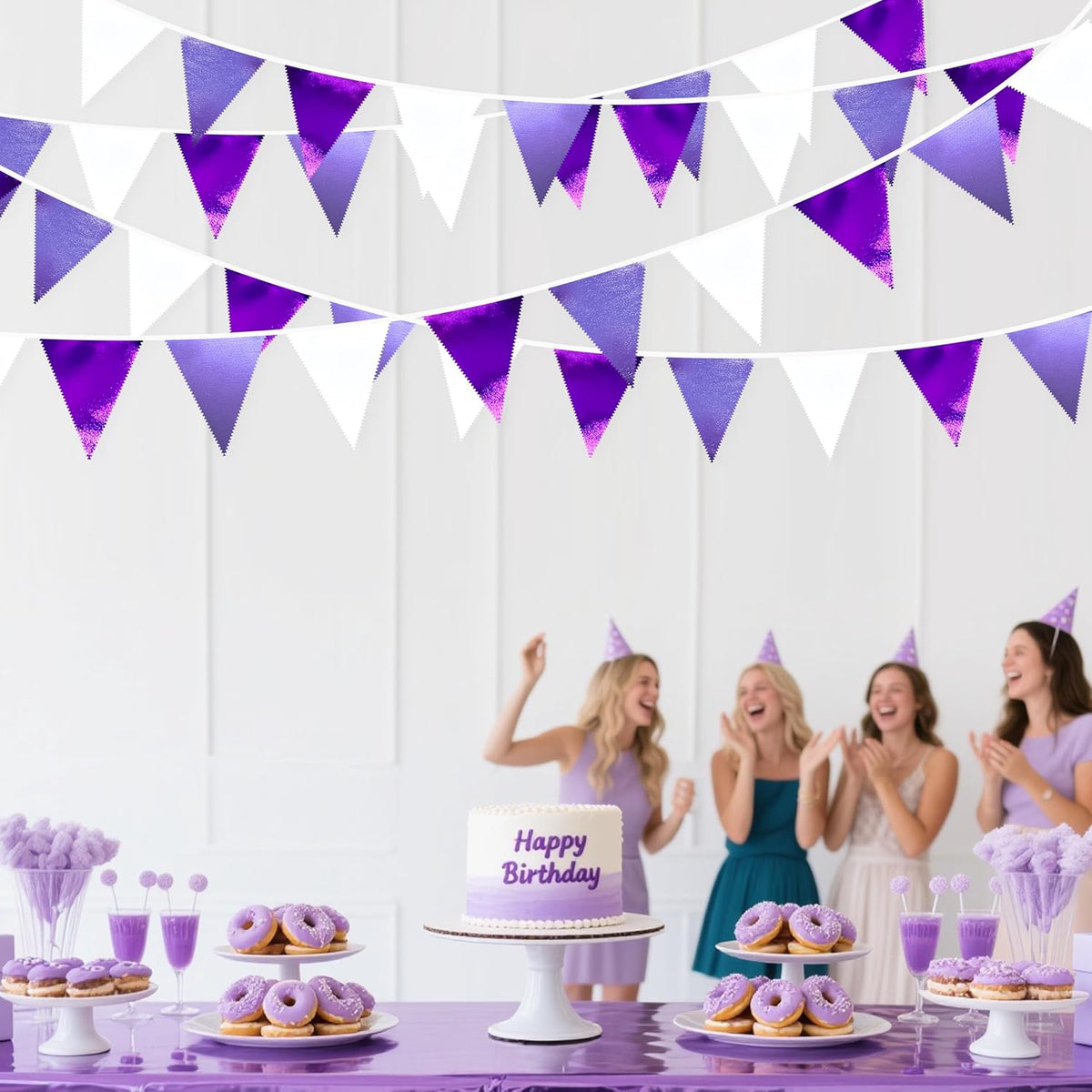 Purple and White Party Decorations Metallic Fabric Ombre Purple White Triangle Pennant Banner Flag