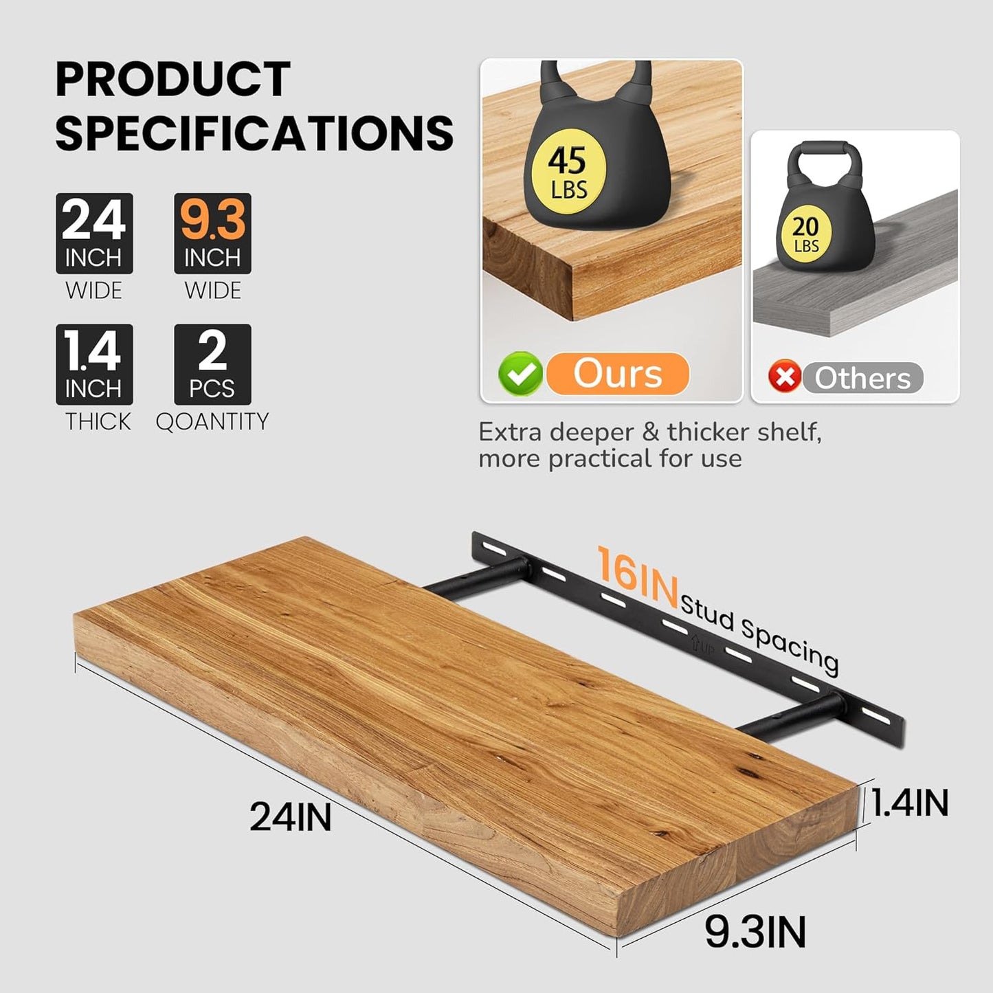 Fun Memories Floating Shelves for Wall, 24"x9.3" Rustic Solid Elm Wood Shelves, Heavy-Duty Wall