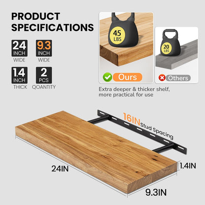 Fun Memories Floating Shelves for Wall, 24"x9.3" Rustic Solid Elm Wood Shelves, Heavy-Duty Wall