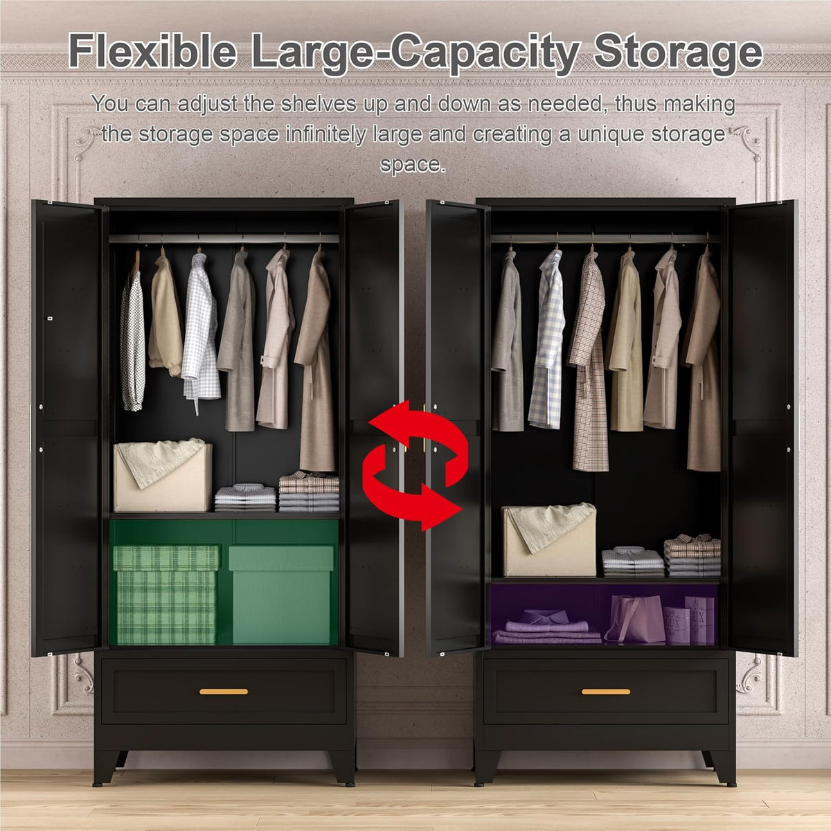 71'' Black Farmhouse Metal Wardrobe Cabinet with Hanging Rod, 2 Barn Door Wardrobe Closet with