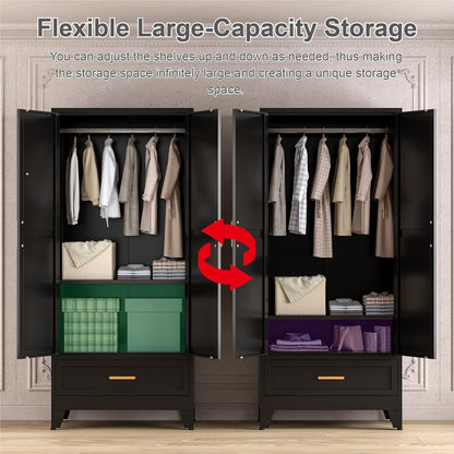 71'' Black Farmhouse Metal Wardrobe Cabinet with Hanging Rod, 2 Barn Door Wardrobe Closet with