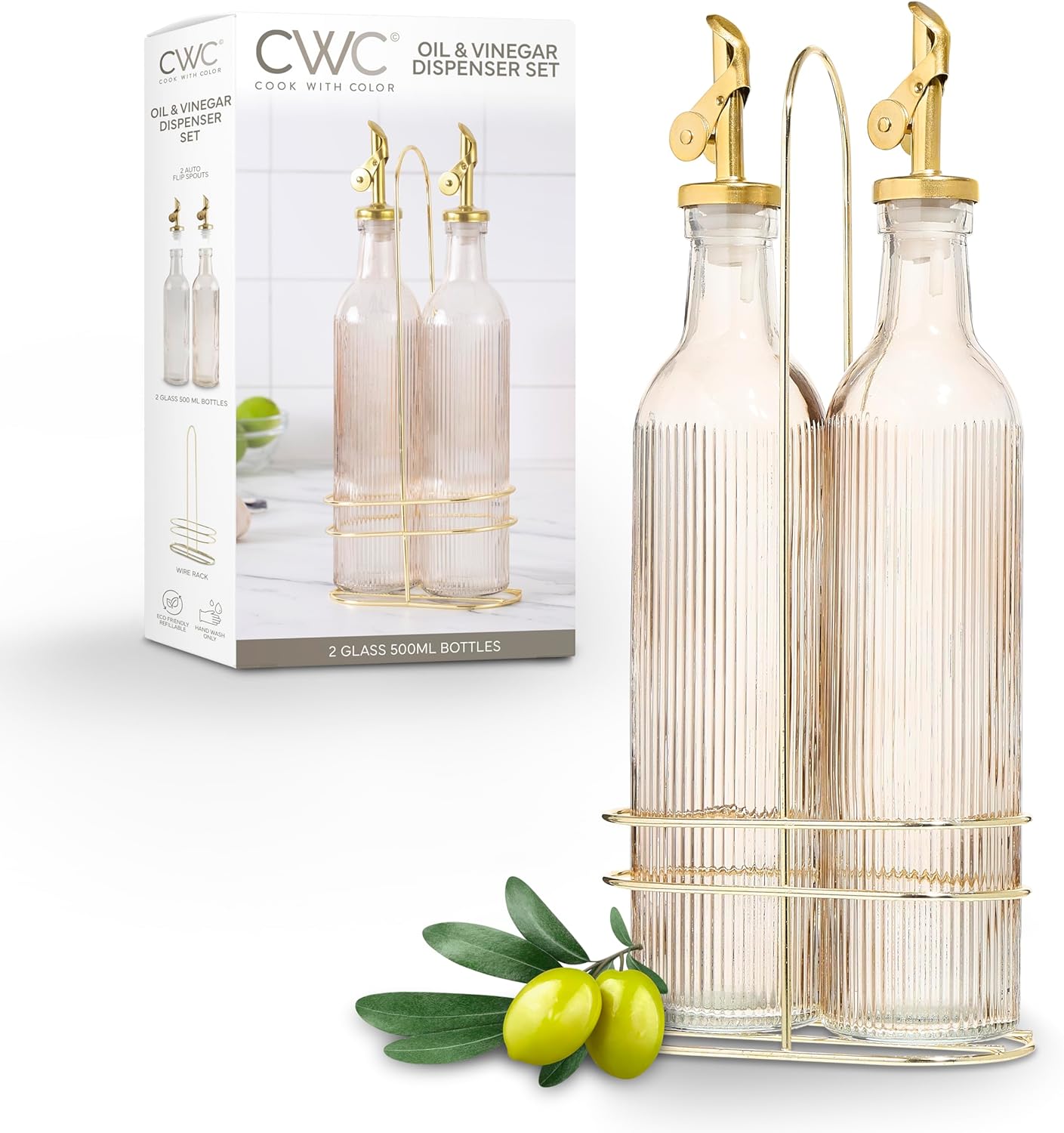 COOK WITH COLOR Glass Olive Oil Bottle Dispenser - 2 Pack- 17oz Oil and Vinegar Cruet - Olive Oil