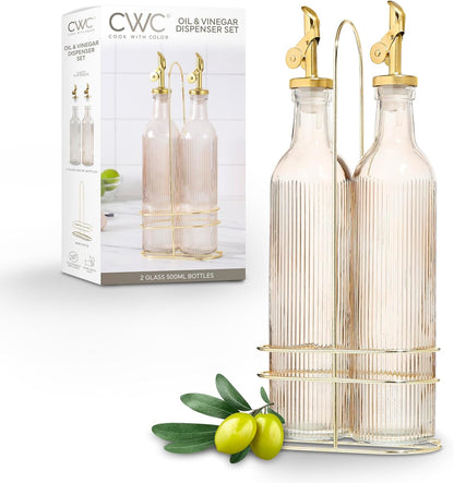 COOK WITH COLOR Glass Olive Oil Bottle Dispenser - 2 Pack- 17oz Oil and Vinegar Cruet - Olive Oil